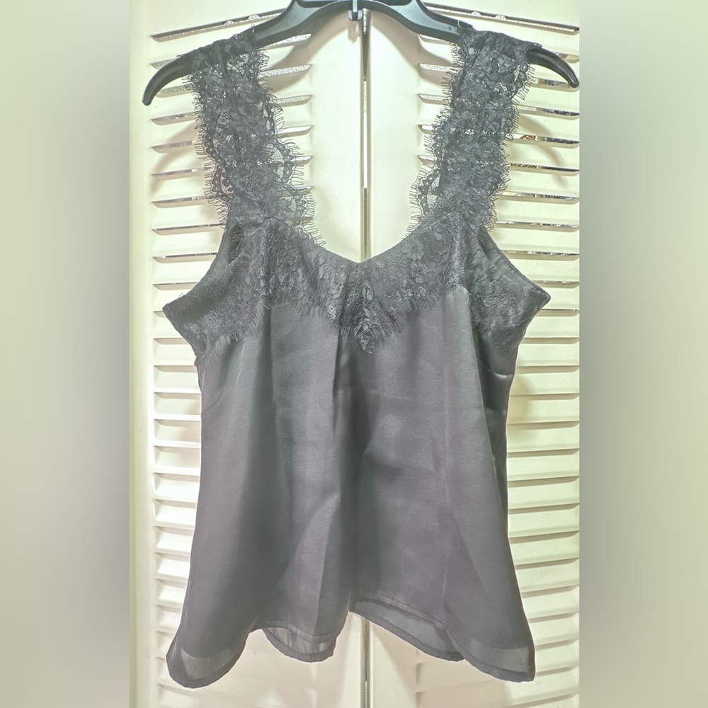 Lace Trim Black Satin Tank Top